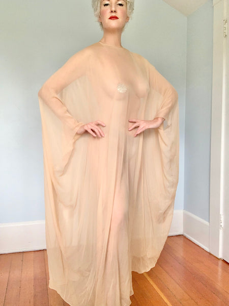 1960s Nude Sheer Silk Chiffon Handmade Caftan