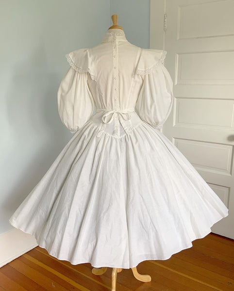 1980s Soft Cotton Victorian Inspired Party Dress with Huge Balloon Sleeves & Tie Belt
