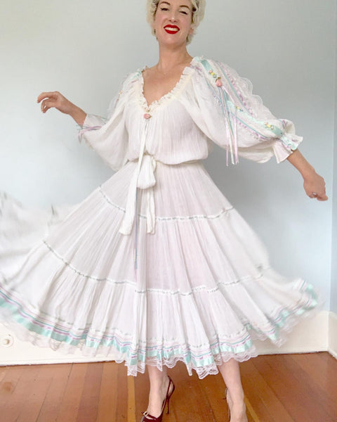 1970s / 1980s  "Anna Konya" Cotton Gauze Dream Peasant Dress