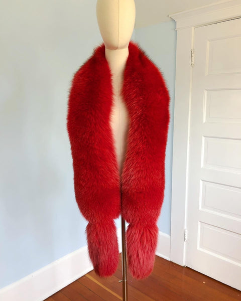 Glamorous 1970s Dyed Crimson Red Extra Long Fox Fur Stole w/ Tails