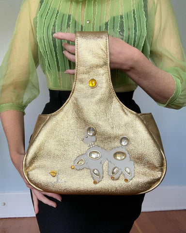 1950s Metallic Gold Leather Bejeweled Poodle Theme Purse by "Esta of Miami"