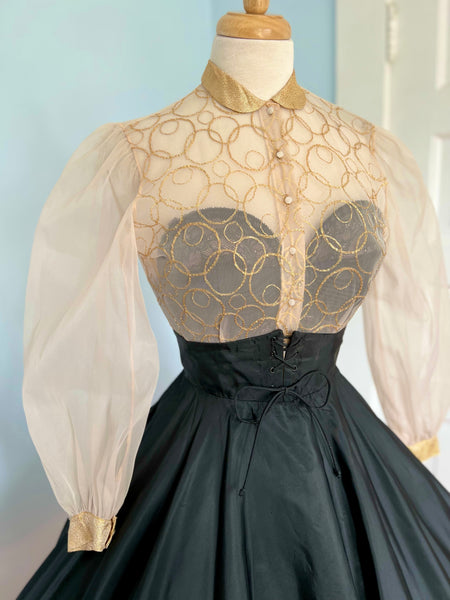1950s “Frederick’s of Hollywood” Corset Waist Taffeta Circle Skirt