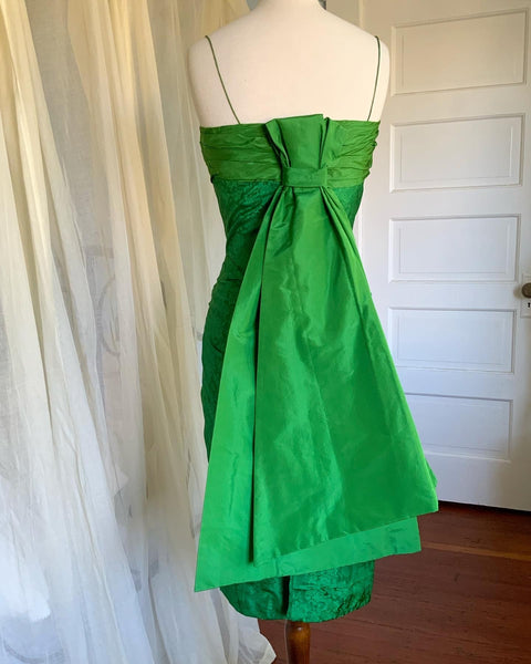 Couture 1950s Draped Silk Brocade Hourglass Cocktail Dress with Obi Style Draped Back Bow