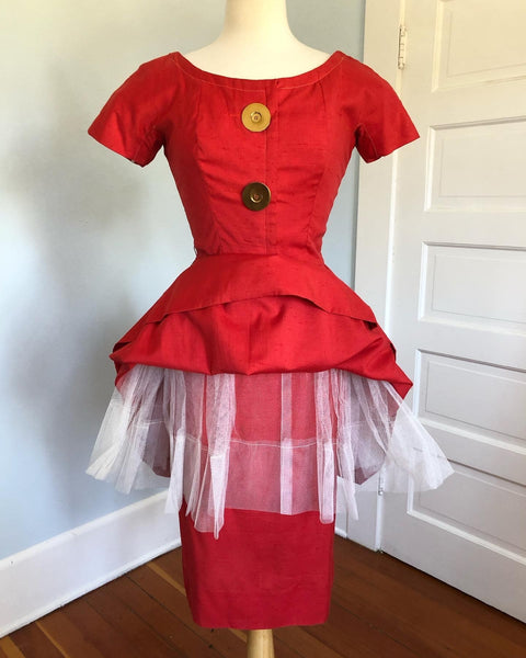 1950s Couture-Inspired Raw Nubby Cotton Hourglass Cocktail Dress with 3D Over-Skirt by "Gigi Young New York"