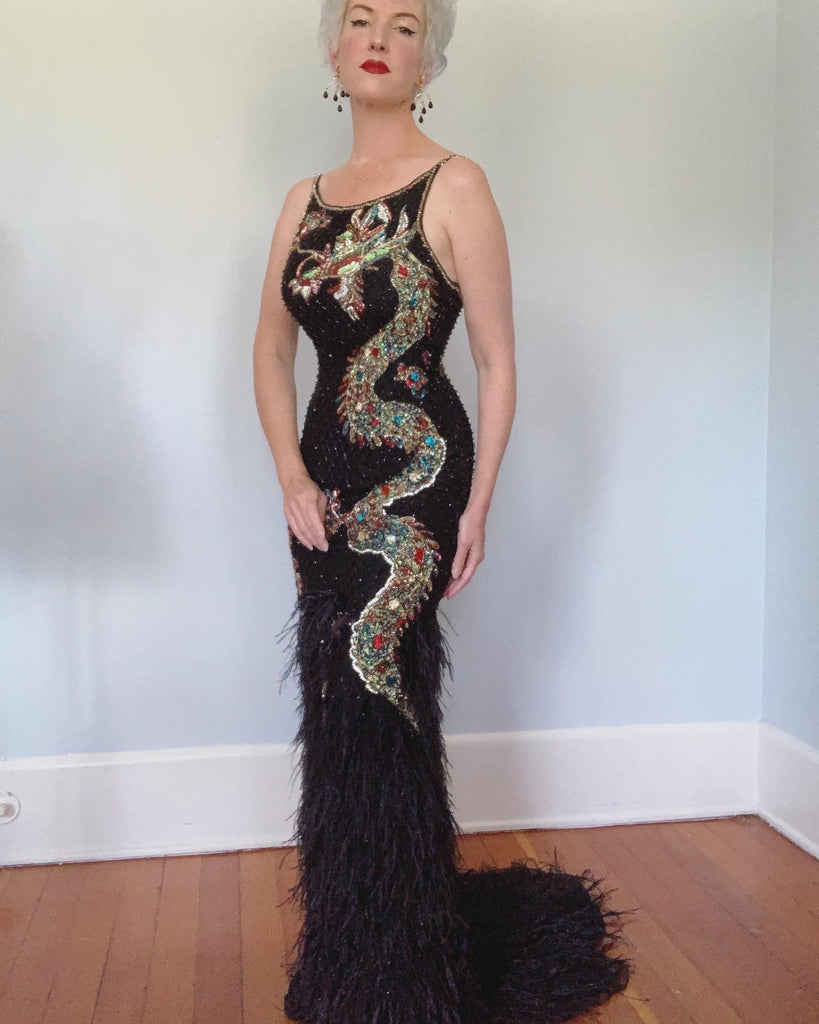 Dazzling Beaded Bejeweled Dragon Evening Gown w/ Ostrich Feather Hem butchwaxvintage Dazzling Beaded Bejeweled Dragon Evening Gown w/ Ostrich Feather Hem butchwaxvintage