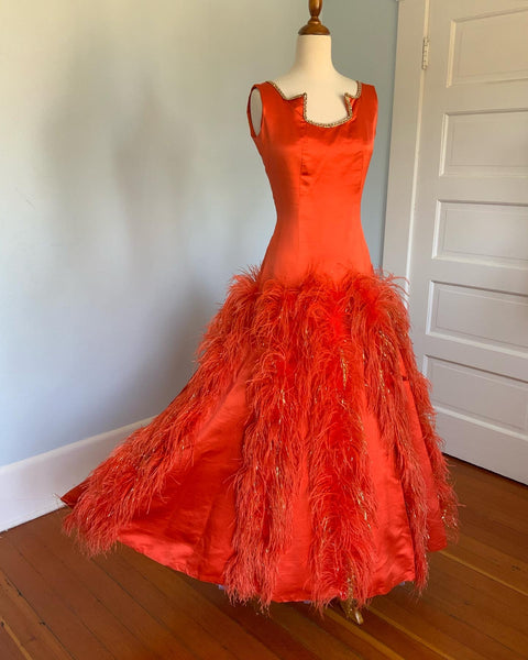 Custom Made 1960s Orange Raw Silk Gown with Ostrich Feather & Gold Tinsel Trim