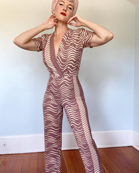 1970s does 1940s Rayon Crepe Smoking Cigarettes Novelty Print Jumpsuit