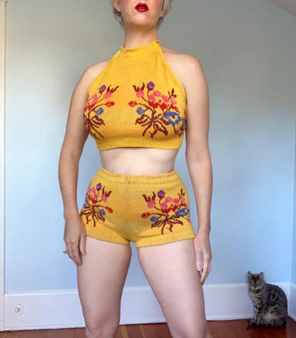 1970s "Alley Cat by Betsey Johnson" 2 Piece Intarsia Knit Hotpants & Halter Set