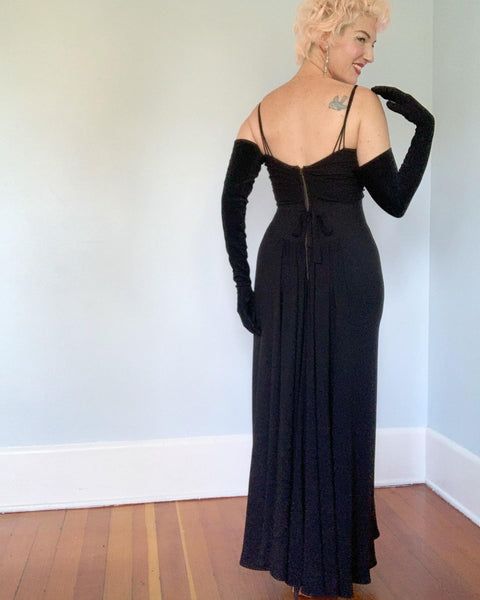 1930s Rayon Crepe Draped Hourglass Evening Gown with Back Waterfall Train by "Bullocks Wilshire"