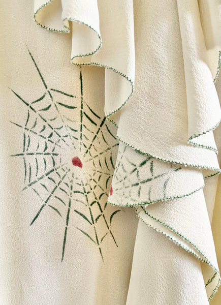 Custom Made 1940s Rayon Crepe Spiderweb Gown w/ Waterfall Peplum