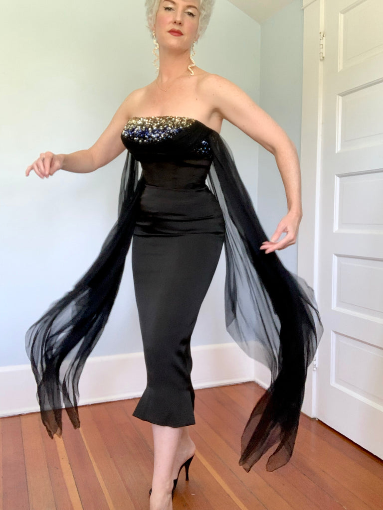 howard greer dress Elegant 1950's Howard Greer Navy Blue Wiggle Dress With Accents / ML Xtabay Vintage
