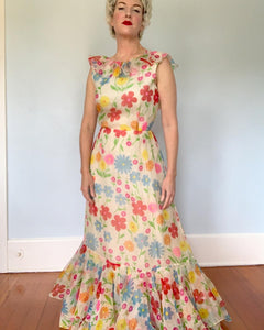 1960s / 1970s “Bob Mackie / Ray Aghayan” for “Elizabeth Arden New York” Silk Organza Floral Maxi Gown