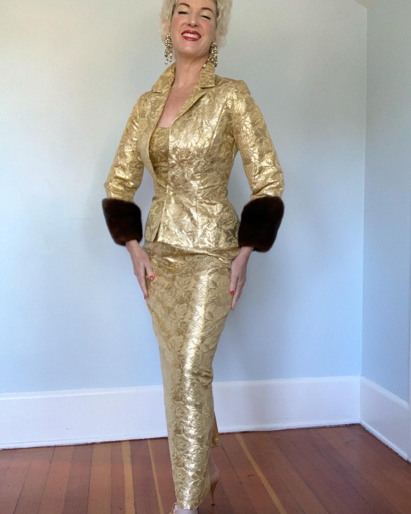 Couture 1950s "Milgrim" 2 Piece Silk Gold Lame' Halter Gown & Matching Hourglass Jacket with Huge Mink Cuffs