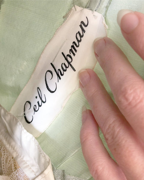 1950s Designer "Ceil Chapman" Seafoam Green Iridescent Silk with Tulle Ruffles Party Dress