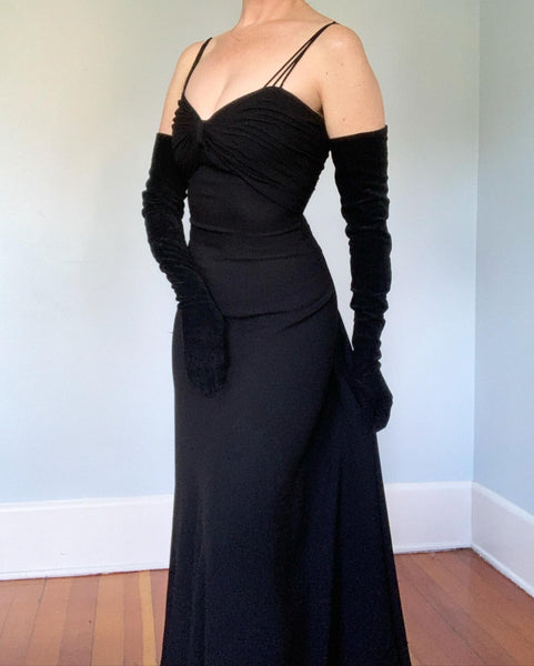1930s Rayon Crepe Draped Hourglass Evening Gown with Back Waterfall Train by "Bullocks Wilshire"