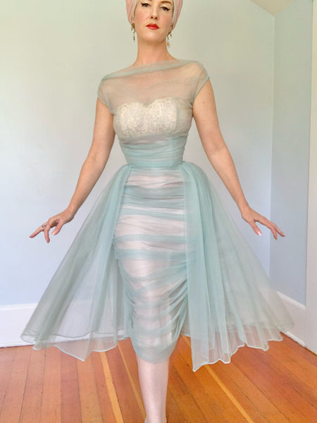 1950s Nylon Chiffon Over Satin Cocktail Dress