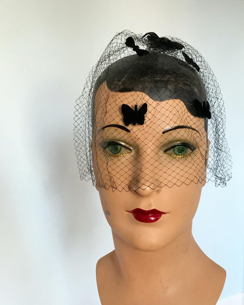 1950s "The Famous Glamour Veil Hat" Birdcage Veil with Black Velvet Butterflies and Original Box