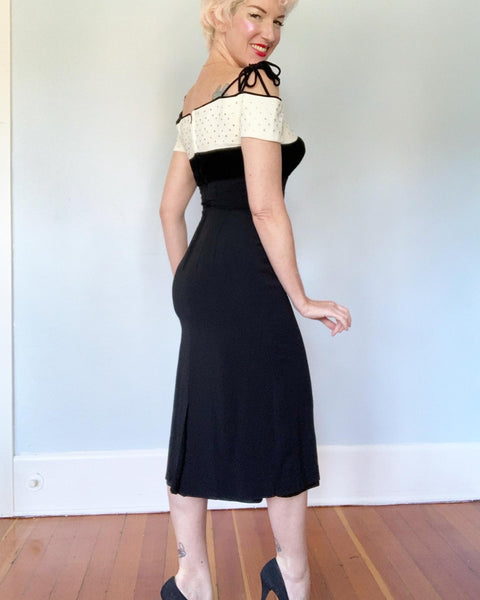 1950s Unlabeled "Peggy Hunt of California" Silk Crepe with Silk Velvet Rhinestoned Hourglass Cocktail Dress