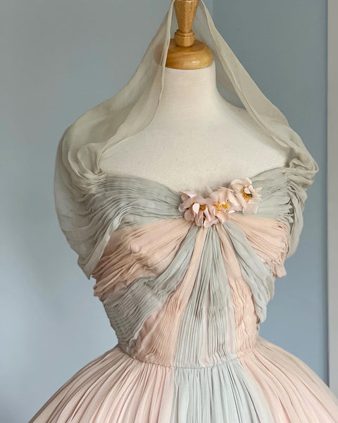 Custom Made 1950s Silk Chiffon Hand Draped Party Dress