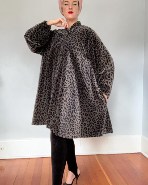 1980s Water Repellent Cotton Velvet Leopard Print Dramatic Trapeze Coat by "Coats by Cattiva" in "J.L. deBall Velvet"