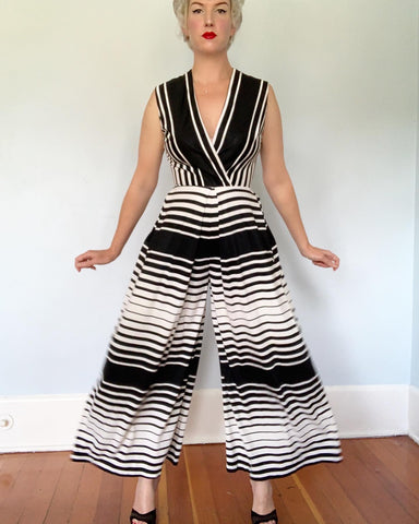 Op-art 1960s 2-Tone Striped Wide Palazzo Leg Jumpsuit