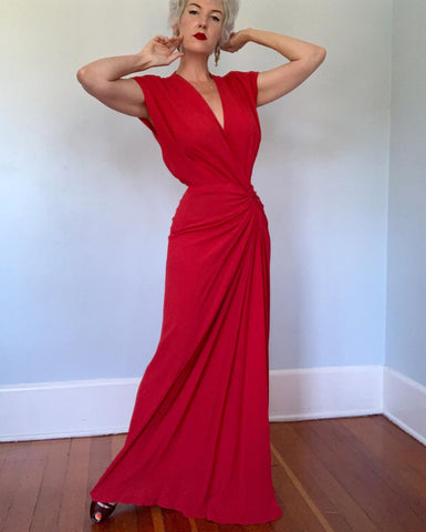 Custom Made 1940s Rayon Crepe Draped Evening Gown