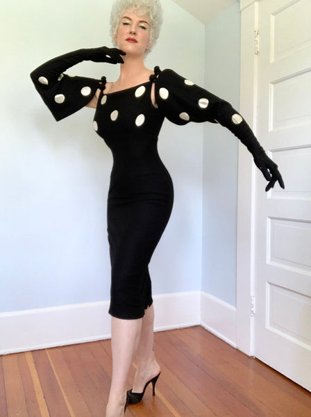 Custom Made 1950s Wool Jersey Hourglass Cocktail Dress w/ Attaching Shoulder Length Gloves by “Allie Mae”