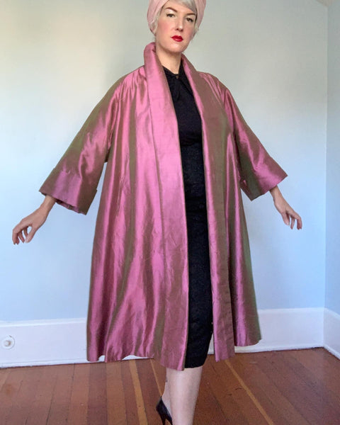 1950s Iridescent Violet-Pink to Green Sharkskin Silk Extreme Trapeze Coat by "M. Solomon of Albany"