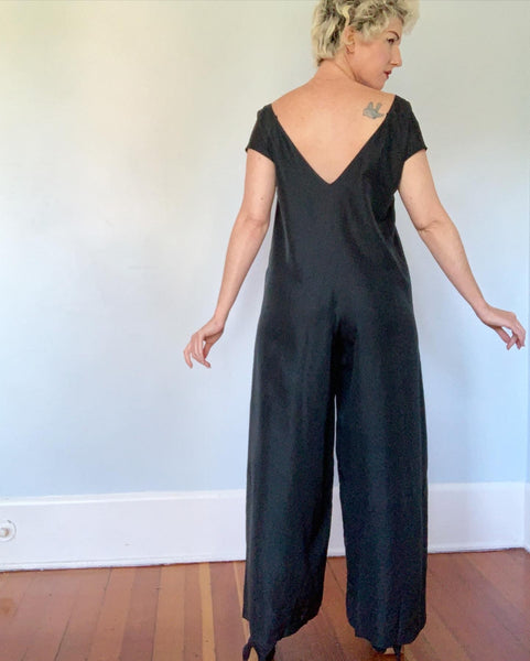 1980s "Donna Karan" Pure Silk Oversized Lounging Wide Leg Jumpsuit with Pockets