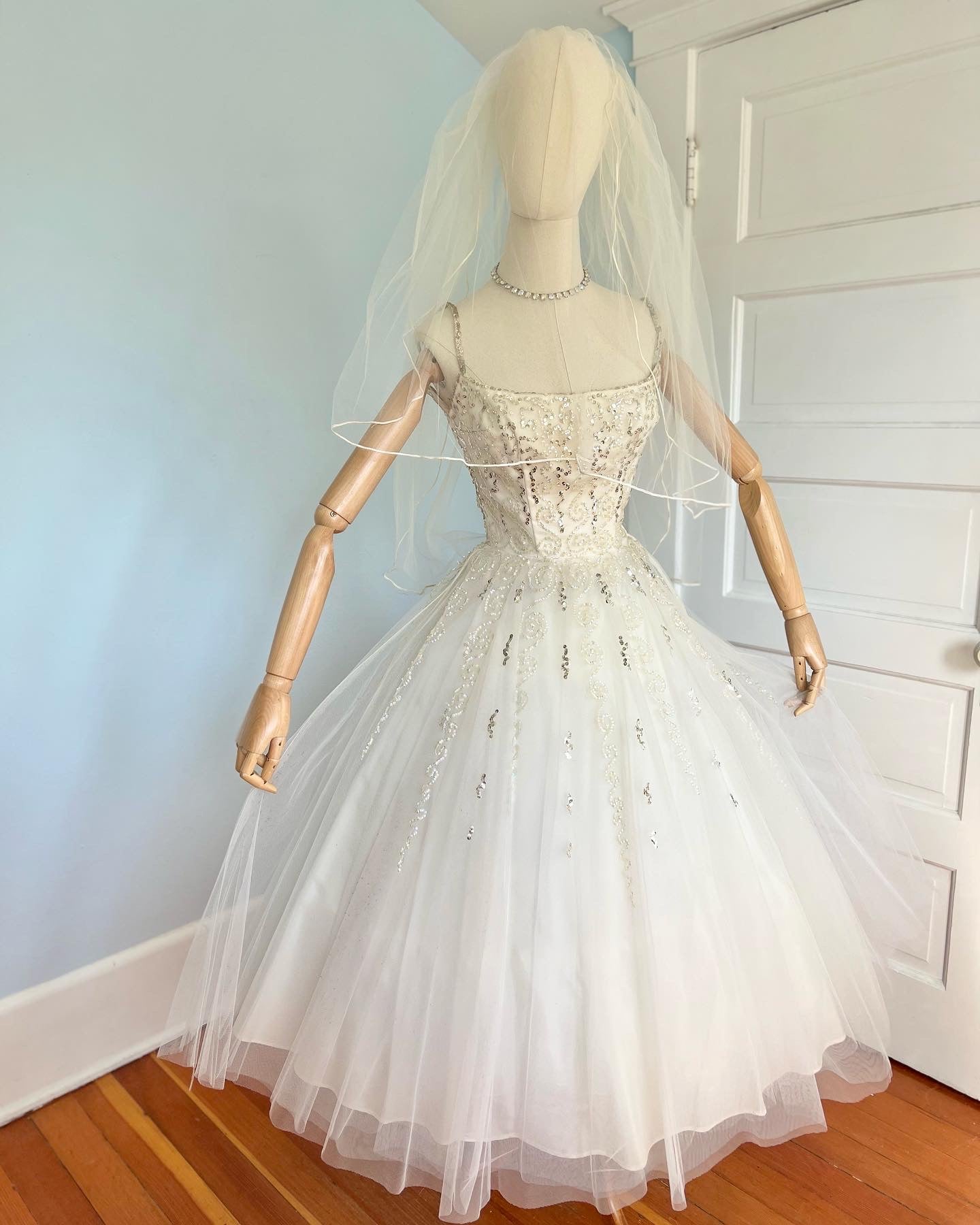 1950s Designer “Kay Selig New York” Hand Sequined Bridal Dress w/ Veil