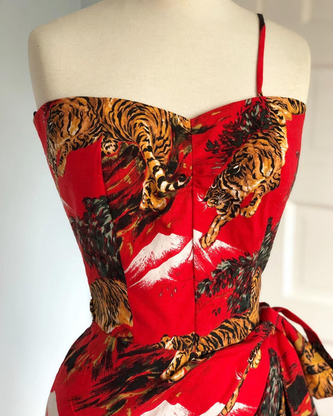 Custom Made 1940s Style "Gladys Williams of Honolulu" Replica 1940s Tiger Print Hawaiian Sarong Dress