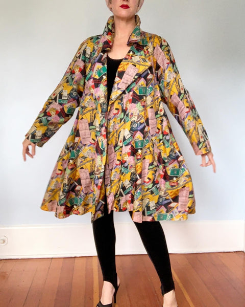Limited Edition 1990 "Nicole Miller" Shopaholic Novelty Print Raincoated Silk Trapeze Swing Coat with Pockets