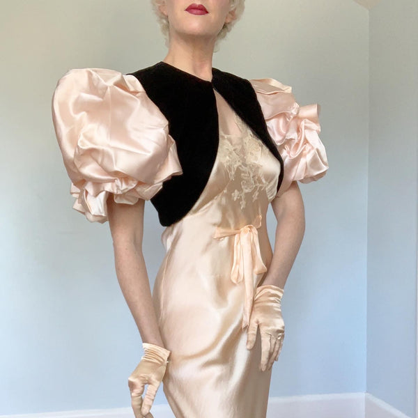 1980s does 1930s Velvet Cropped Bolero with Huge Taffeta "Rose" Sleeves by "Victor Costa"