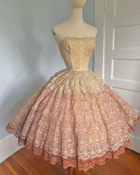 1950s Chantilly Lace Tiered Strapless Party Dress by “Cotillion”