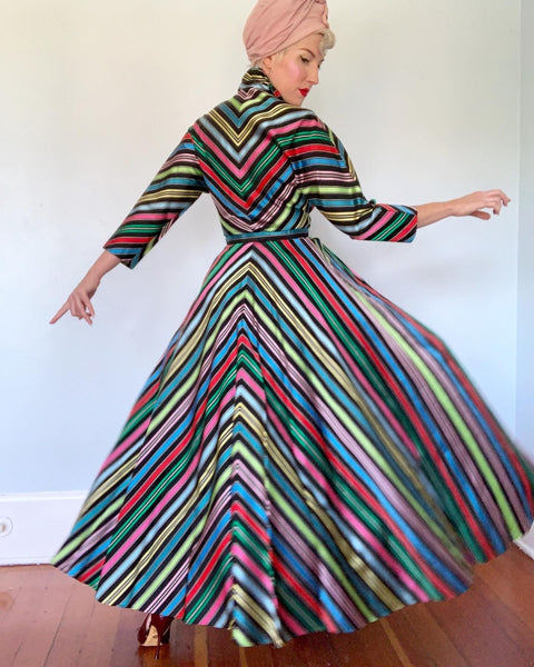 1940s Rainbow Candy Striped Satin Dressing Gown with Belt by "Maxan"