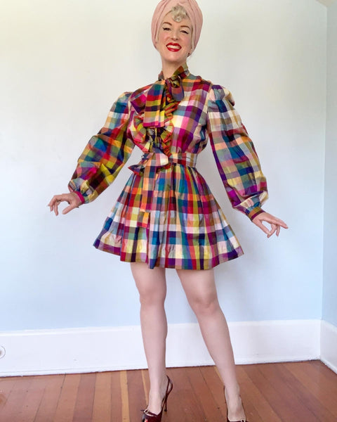 1970s Rainbow Madras Silk Plaid Mini Dress with Pussy Bow, Puffed Sleeves and Tie Belt