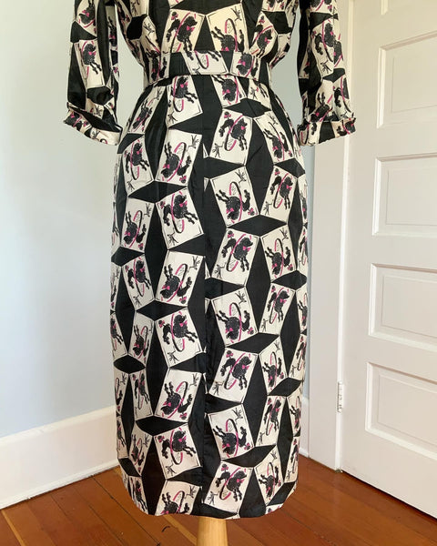 1950s Silk French Poodle Novelty Print Cocktail Shirtwaist Dress with Belt by "Original Lucinda California"