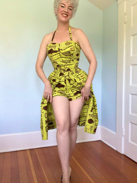 1950s Style 3 Piece Polished Cotton Hawaiian Playsuit Set in Vintage Fish Fabric