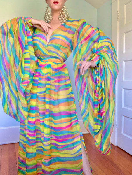 Custom Made 1960s Sheer Psychedelic Chiffon Gown w/ Huge Lantern Sleeves