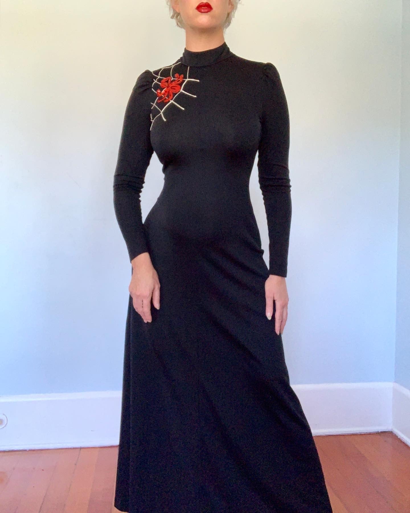 1970s "Young Innocent by Arpeja" Slinky Jersey Maxi Gown with Cut-Out Open Back & Sequined Spiderweb / Spider Detail