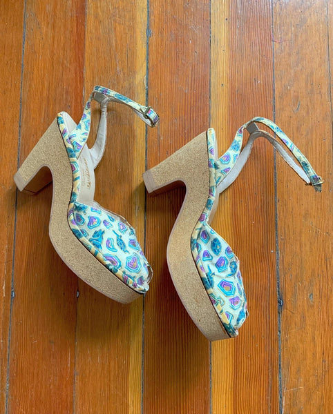 1940s Cork Platform High Heel Ankle Strap Sandals with Turtles Novelty Print by "Heavenly Styled by Du Barry"