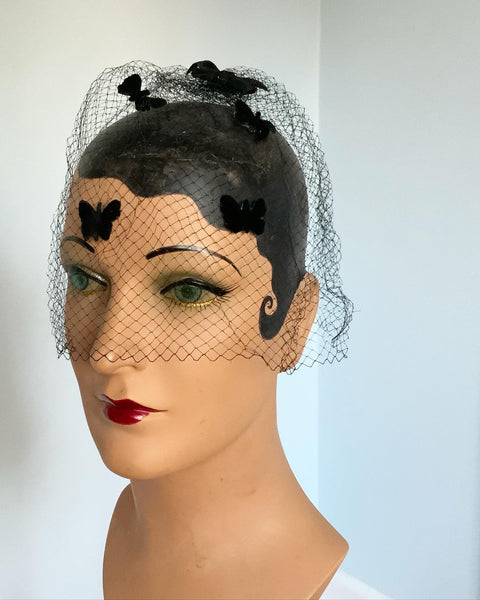 1950s "The Famous Glamour Veil Hat" Birdcage Veil with Black Velvet Butterflies and Original Box