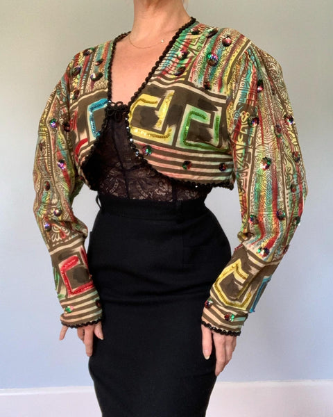 Unusual 1950s Handmade Mexican Cotton Hand Painted / Sequined Bolero Jacket