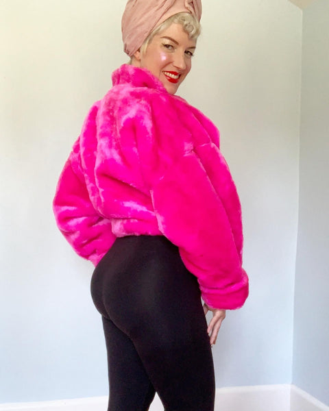 1990s Hottest Neon Pink Faux Fur Cropped Bolero by "Contempo Casuals"