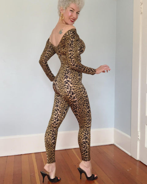 Custom Made 1980s Swimsuit Material Leopard Catsuit by “Fresh Peaches Fine Swimwear”