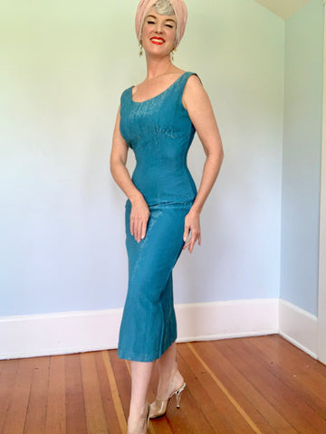 1950s Lagoon Blue Chrome Spun Lurex Wiggle Dress