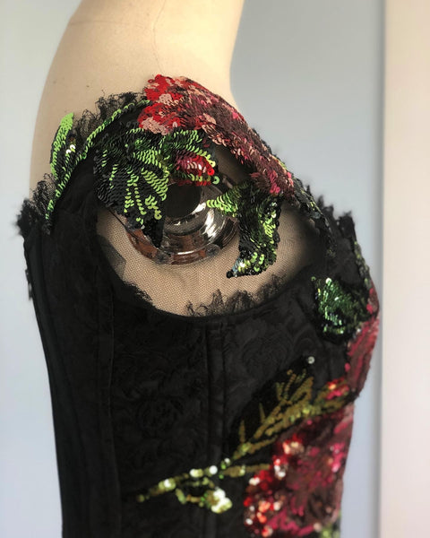 2017 S/S "Dolce & Gabbana" Floral Jacquard Sequined Roses Bustier Top