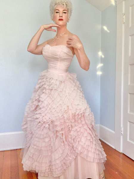 Dior Inspired 1950s Blush Pink Chiffon Evening Gown for “Hafter’s of San Diego”