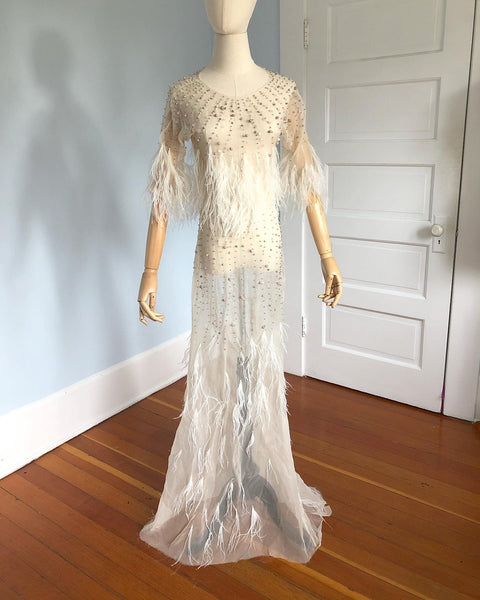 Couture Vintage Sheer Silk Organza Bias Cut "Naked" Gown with Hand Beaded Semi Precious Stones and Ostrich Feather Detailing