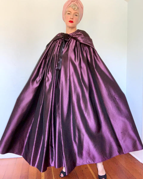 Custom Made 1970s Iridescent Amethyst Silk Taffeta Dramatic Cape with Huge Hood